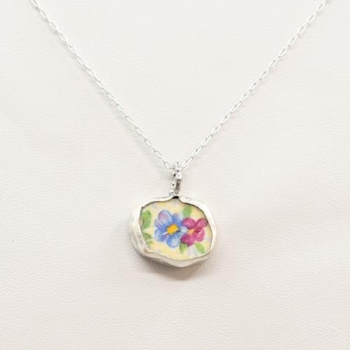 Dark Pink and Blue Flowers Silver Pendant SP--016