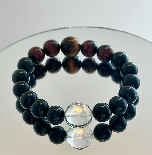 Clear Crystal Obsidian Silver Obsidian Red Tiger’s Eye Yellow Tiger’s Eye Beaded Bracelet