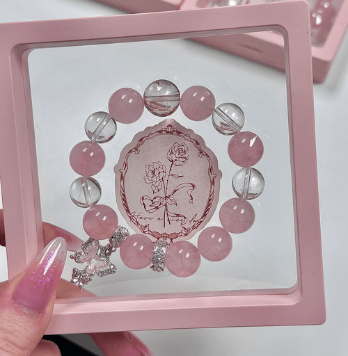 High Grade Golden Rutilated Crystal Rose Crystal Clear Crystal Pink Butterfly Charm Beaded Bracelet