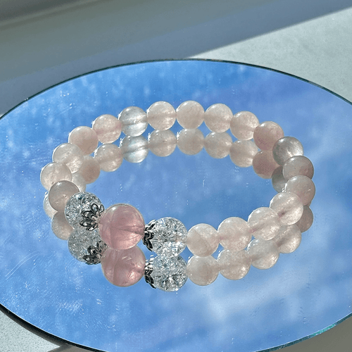 White Popcorn Crystal and Rose Pink Crystal Beaded Bracelet
