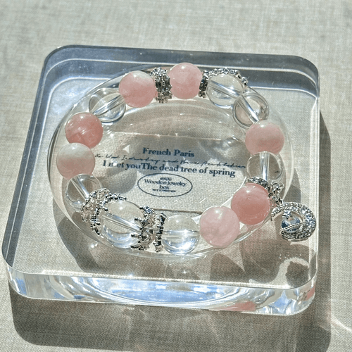 Star-Moon Charm Madagascar Grapefruit Rose Crystals and Clear Quartz Beaded Bracelet
