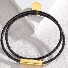 Pulsera con cordón PU negro dije dorado de acero inoxidable