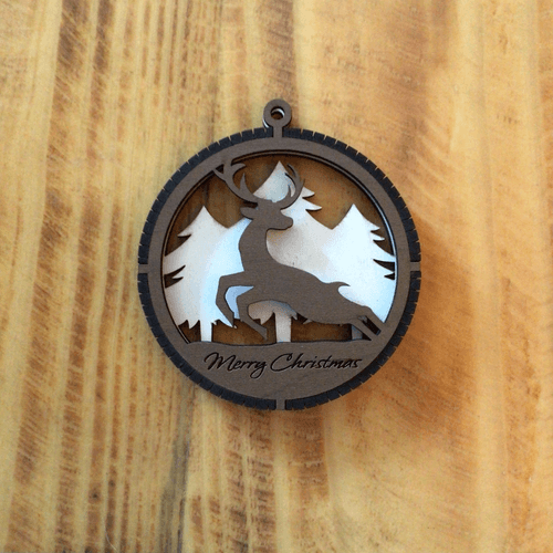2 Layered Deer Laser Engraved Wood Ornament - "Merry Christmas"