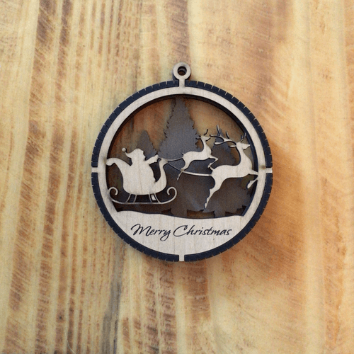 2 Layered Santa and Reindeer Laser Engraved Wood Ornament - "Merry Christmas"