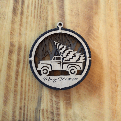 2 Layered Truck and Tree Laser Engraved Wood Ornament -"Merry Christmas"