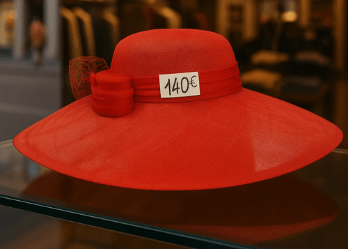 Elegant Red Wide-Brim Hat with Floral Accent