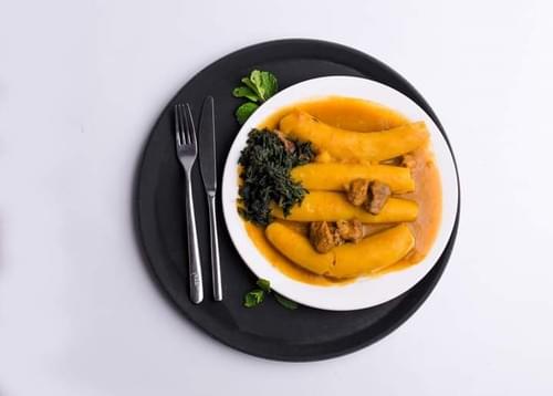 Katogo Served with Beef, Greens, and Avocado