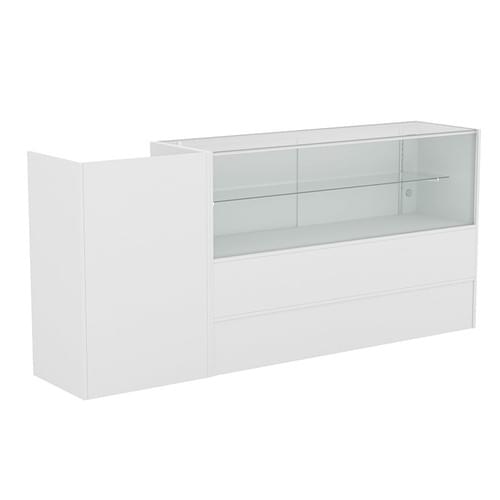 213W x 46D x 97H cm White Illuminated Cash Wrap Counter with Display Case