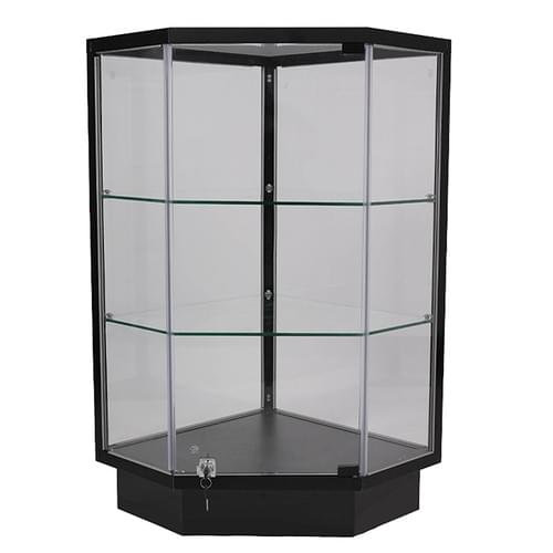 50.7cm Aluminum Frame Glass Corner Display Case with Locking Door & Shelves (Black/Silver)