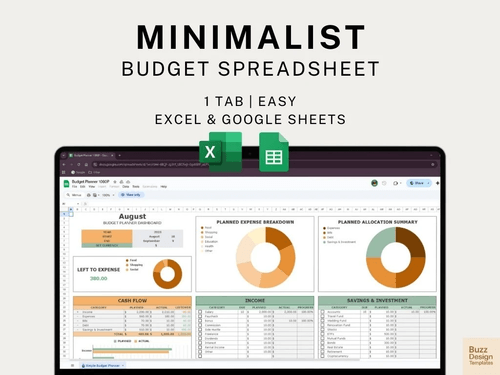 Minimalist Budget Planner Spreadsheet Template | One Page |Excel |Google Sheets