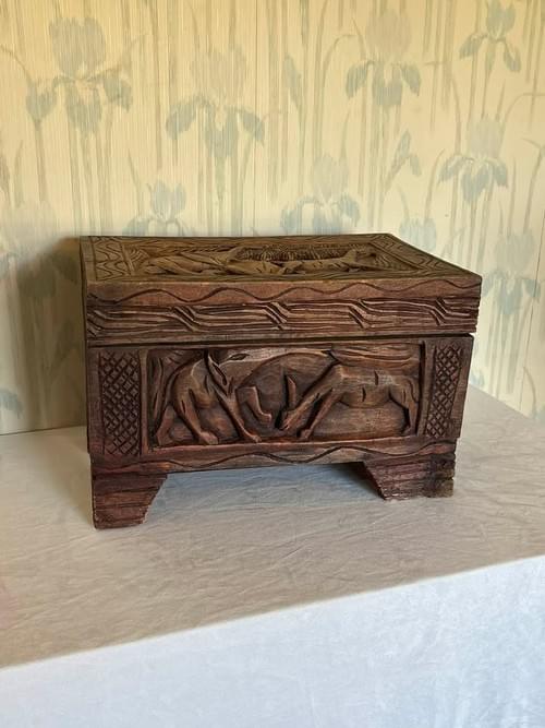 Hand-Carved African Wildlife Wooden Chest