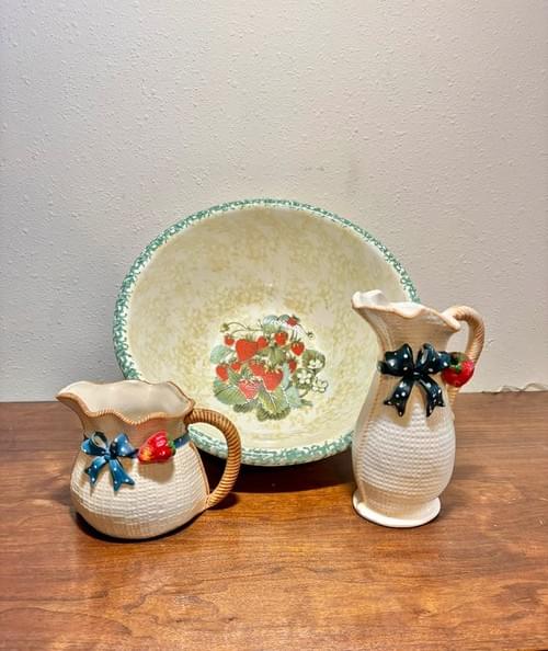 Vintage Strawberry Ceramic Bowl and Pitcher Set