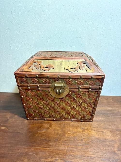 Vintage Woven Bamboo and Brass Dowry Chest