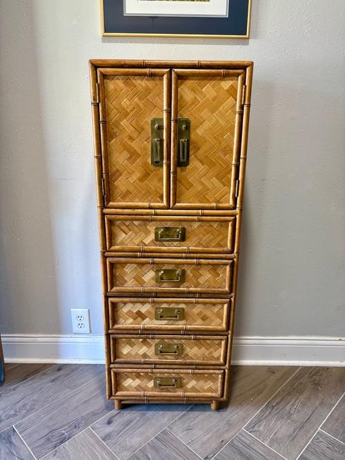 Vintage Woven Bamboo Tall Cabinet with 5 Drawers