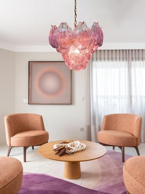 Pink Murano Glass Shell Chandelier – 36-Piece Italian Artisanal Lighting with Gold Frame for Luxury