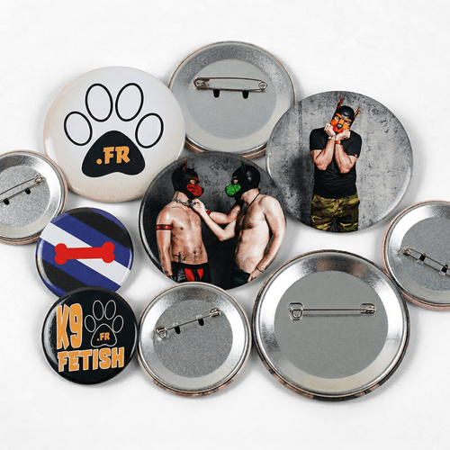 Badges personnalisables K9fetish – 3 tailles (25/32/58 mm) – Style LGBT+ & fétichiste