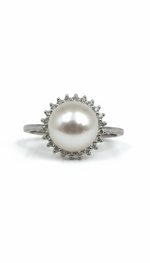 Anillo Perla con Halo Diamantes