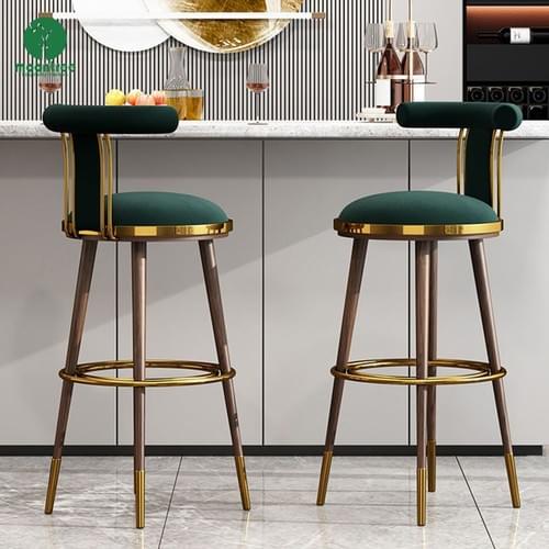 Moontree Green Velvet Bar Stools with Gold Rim & Wood Legs