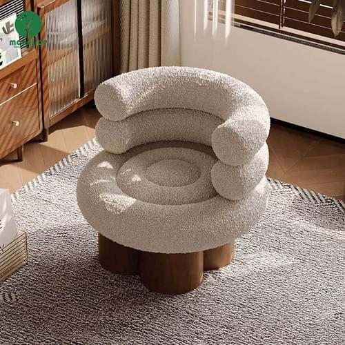 Modern Boucle Swivel Accent Chair, Upholstered Teddy Fabric Armchair with Solid Wood Base