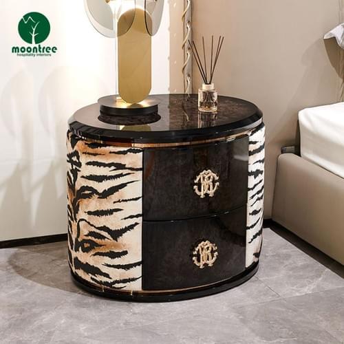 Moontree High-End Hotel Bedside Cabinet, Gold Accent Round Nightstand for Luxury Suite