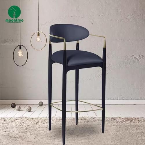 Moontree Dark Blue Leather Bar Stool with Gold Armrest & Wood Base