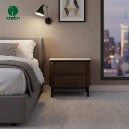 Luxury Hotel Bedroom Nightstand, Solid Wood with White Marble Countertop