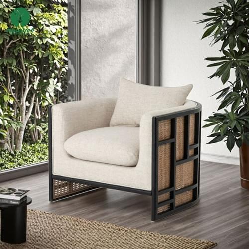 Natural Rattan Accent Chair with Upholstered Cushion Solid Wood Frame Rattan Lounge Chair