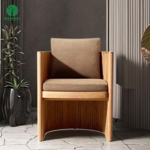 Moontree Fluted Solid Wood Dining Armchair, Linen Upholstered Accent Chair