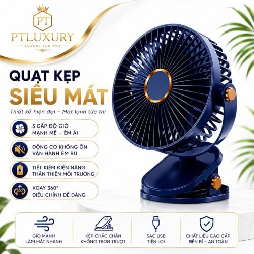 Quạt tích điện PTLUXURY kẹp bàn mini để bàn có đèn led pin 5000 MHA Và 10000 MHA