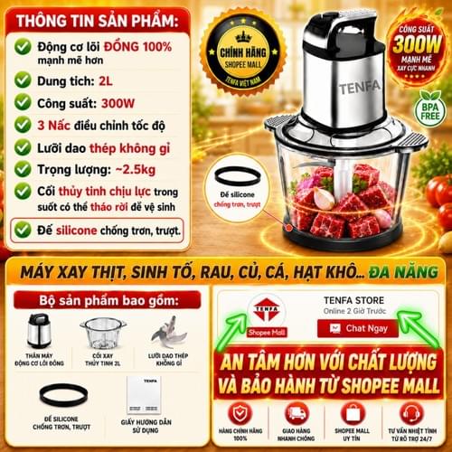 Máy xay thịt đa năng 2L METIS 300W 4 lưỡi dao, xay thực phẩm, cá, tỏi, ớt, combo cối thủy tinh