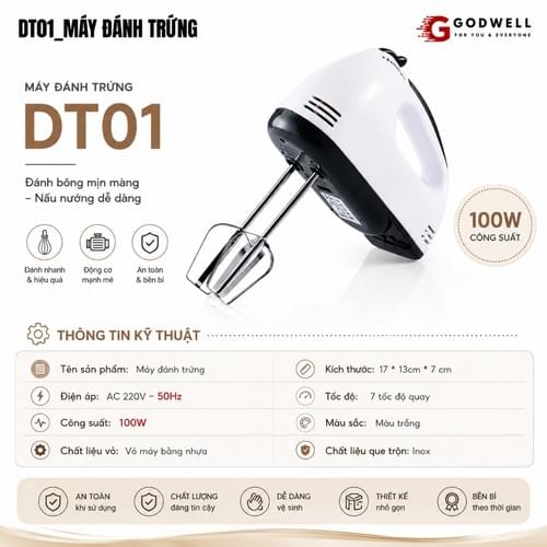 Máy Đánh Trứng Cầm Tay 7 Tốc Độ 180W Tặng 4 Đầu Khuấy Chắc Chắn - Tiện Dụng