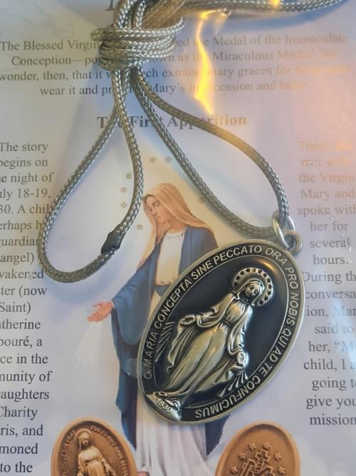 Extra Large Latin Blue Miraculous Medal on Cord