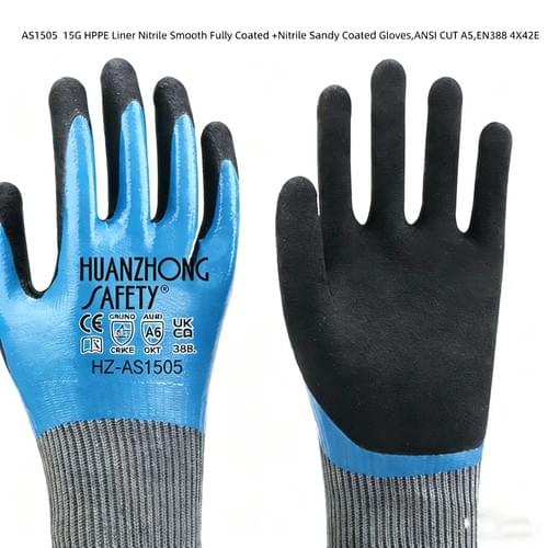 AS1505 15G HPPE Liner Nitrile Smooth Fully coated+Nitrile Sandy Coated Gloves,ANSI CUT A5,EN388 4X42