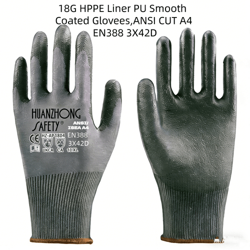 AP1804 HPPE Liner PU Smooth Coated Gloves,ANSI CUT A4,EN388 3X42D