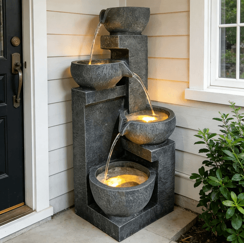 4-Tier Cascading Resin Bowl Water Fountain with LED Lights