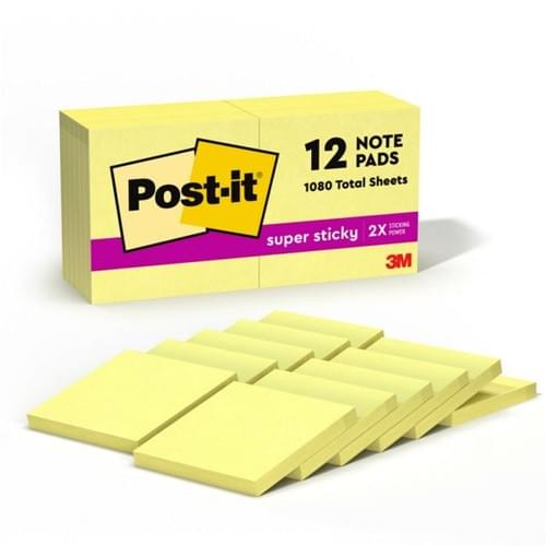 Post-it Super Sticky Notes, 3 in x 3 in, 12 Pads, 90 Sheets/Pad, 2x the Sticking Power