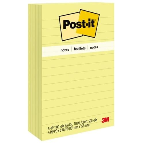 Post-it Notes, 4 in x 6 in, 5 Pads, 100 Sheets/Pad, Lined, Clean Removal, School Supplies and Office