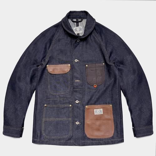 ZEN INDUSTRY INDIGO DENIIM + LEATHER RAGLAN 3D SLEEVE CHORE JACKET - RAW