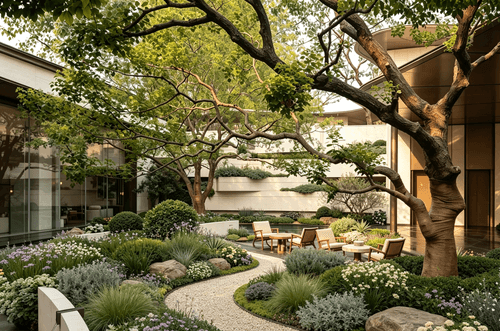 Streamlined Courtyard Landscaping, Embrace a Relaxed Natural Vibe Within Urban Yards