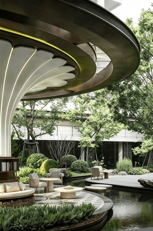 Courtyard Narrative of Mountain and Water Scenes, Curved Structures and Layered Flower Borders