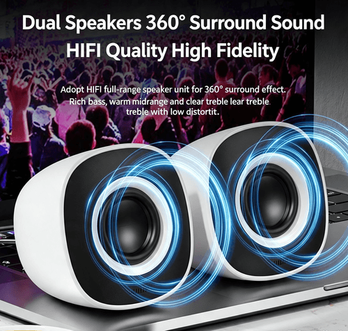 USB‑powered computer speakers with 3.5mm AUX. Plug‑and‑play, compact, clear stereo sound for PC/lapt