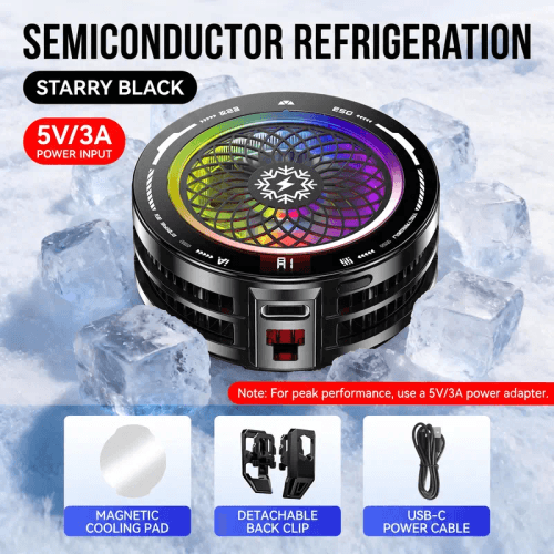 Semiconductor Phone Cooler, Magnetic Clip‑On RGB 3‑Speed Fan for Gaming Live Stream
