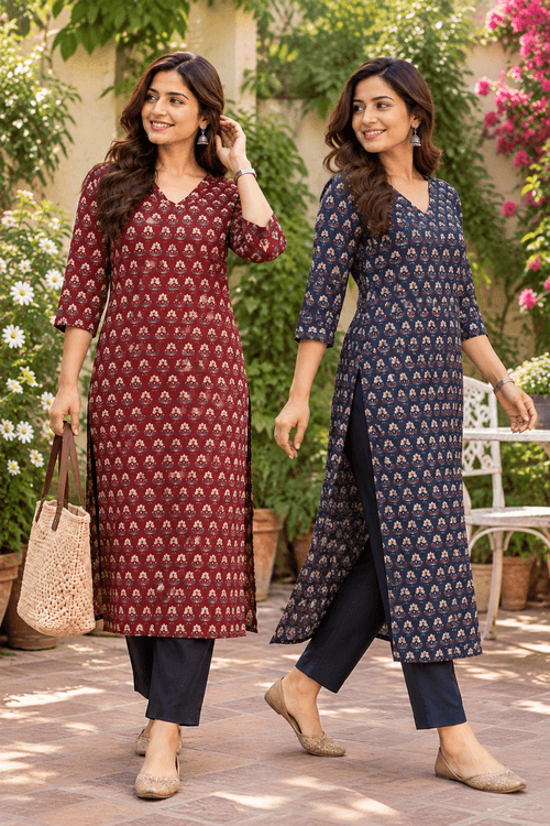 Maroon & Navy Blue Motif Long Kurti
