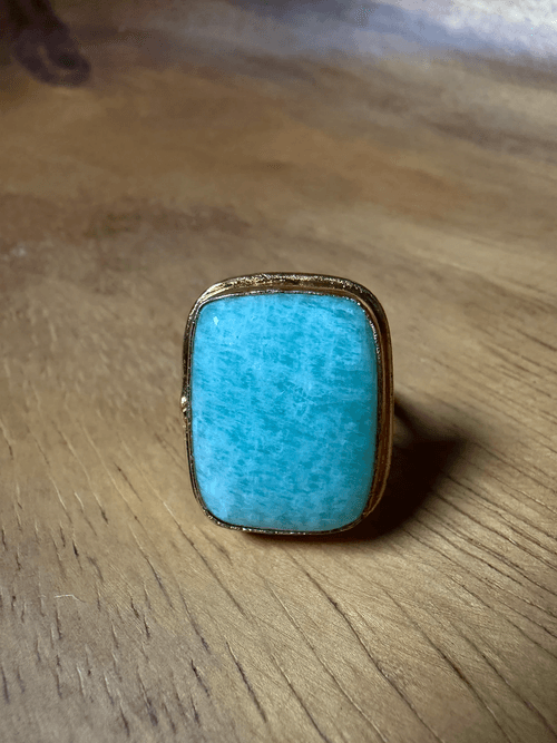 Handmade Amazonite Statement Ring Gold Tone Size 8.75