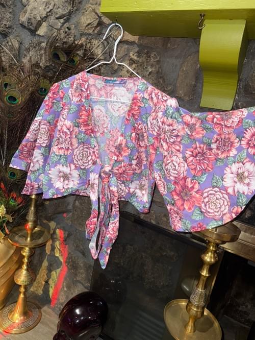Free Size Floral Wrap Crop Top with Flowy Short Sleeves Eclectic Clothes