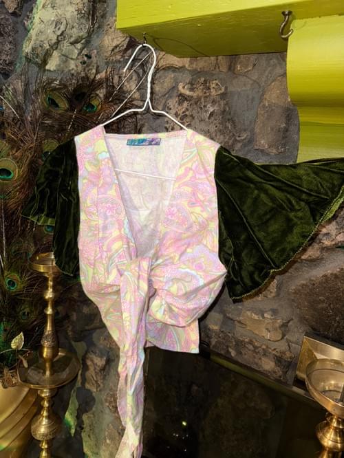 Small/Medium Silky Velvet Sleeves Wrap Crop Top with Flowy Short Sleeves Eclectic Clothes