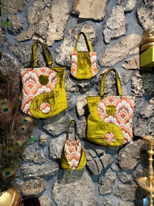 Handmade Psychedelic Yin Yang Tote Purse Collection with Green Velvet and Retro Fabric Eclectic Func