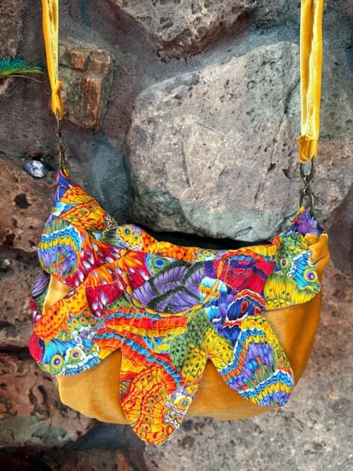 Handmade Psychedelic Slouchy Messenger Purse Yellow Vintage Fabric and Stretch Velvet Eclectic