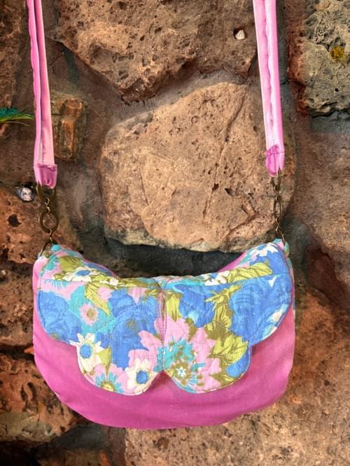 Handmade Psychedelic Slouchy Messenger Purse Lilac Vintage Fabric and Stretch Velvet Eclectic
