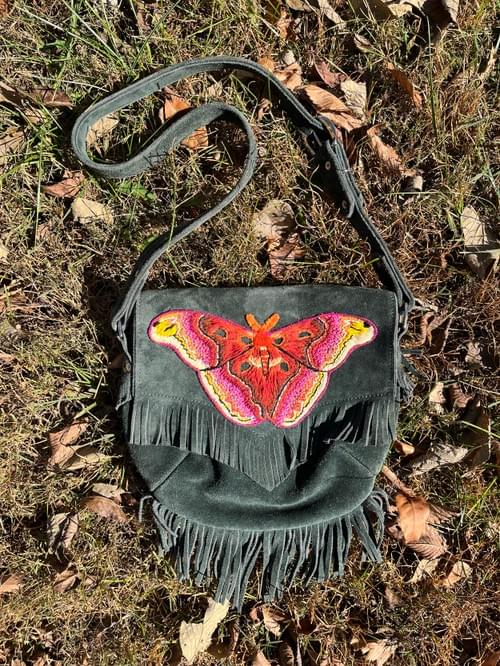 Hand Embroidered Atlas Moth Forest Green Genuine Suede Fringe Purse